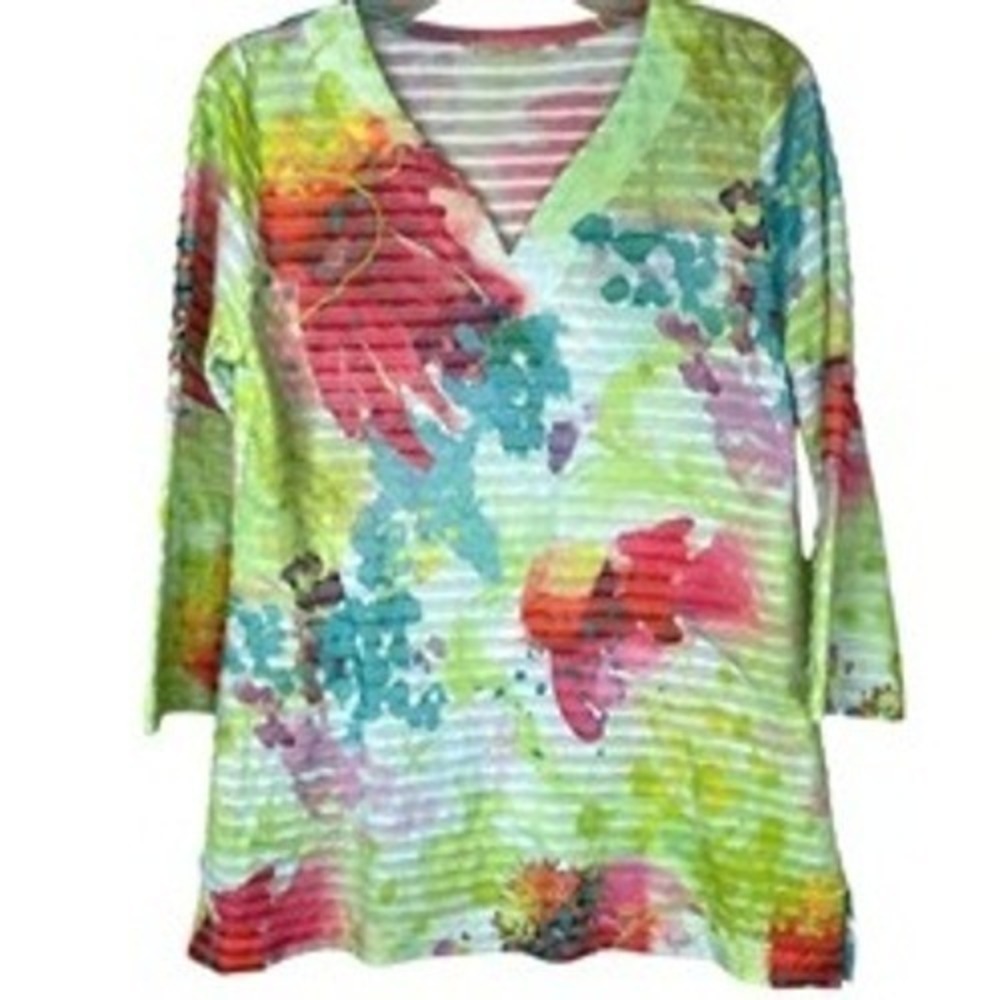 Soft Surroundings P Small Watercolor Vibrant 3/4 sleeve Beachy Resort Top Artsy